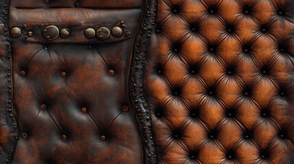 A detailed close-up showcases a luxurious dark brown leather chair featuring intricate square tufting and prominent metal buttons. The chair exudes sophistication and classic design.