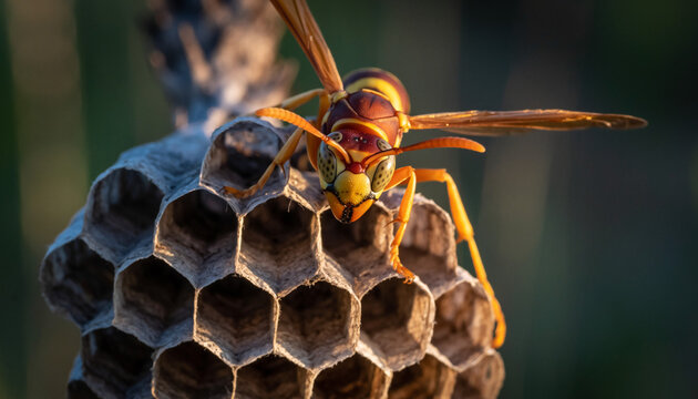 A paper wasp diligently guards its intricate hexagonal honeycomb nest.