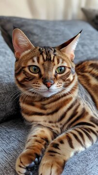 Bengal cat resting on a gray background displaying unique fur patterns and captivating green eyes, showcasing a relaxed and photogenic demeanor in multiple angles.