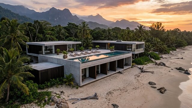 Modern resort with infinity pool on tropical beach at sunset. Luxury architecture blending contemporary design with palm trees and mountains. Paradise vacation getaway concept for relaxation and - Powered by Adobe