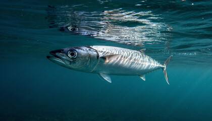 A single Atlantic mackerel fish swimming just below the waters surface.