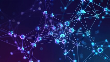 Abstract digital network of artificial intelligence icons including chat bubbles gears cloud globe and nodes connected by glowing purple lines. Futuristic ai connectivity visualization representing
