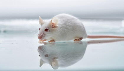 A small white laboratory mouse sits on a reflective glass surface.