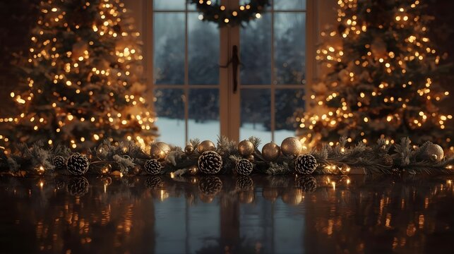 A luxurious Christmas garland made of snow-dusted pine branches, sparkling gold baubles, and pine cones displayed on a polished wooden table. Soft bokeh lights and a decorated Christmas tree . - Powered by Adobe