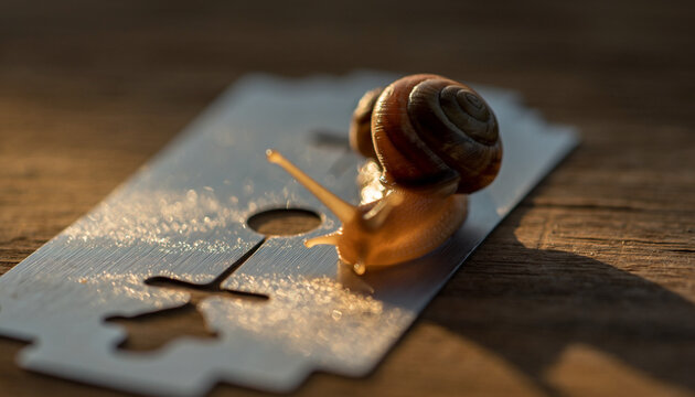 A small garden snail bravely crawls over a sharp razor blade.