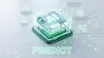 Green ai crystal on microchip predicting failures for preventive maintenance. Instant response and reliability in digital technology. Boosting limits for modern connections and 5g networks in future