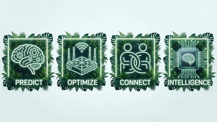 Green glowing artificial intelligence icons featuring brain for predict router for optimize connected figures for connect and circuit for intelligence. Modern AI functionalities visualization in neon