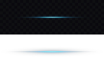 Png illustration. Horizontal Rays of blue light on transparent background. Laser beams png. Optical lens flare effect. Light Leak, flash lights. Collection of blue light effects and horizontal lines.