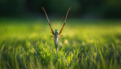 A solitary green grasshopper with long antennae standing in a field.
