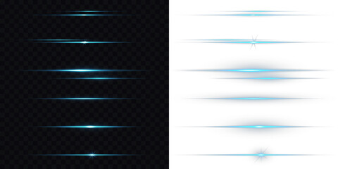 Light Leak, flash lights. Collection of blue light effects and horizontal lines. Perfect for digital highlights. Png illustration. Blue line light glow with sparkle and flare shine. Laser beams png. © Felix
