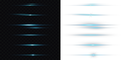 Light Leak, flash lights. Collection of blue light effects and horizontal lines. Perfect for digital highlights. Png illustration. Blue line light glow with sparkle and flare shine. Laser beams png.