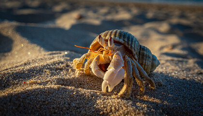 A solitary hermit crab with a striped shell on a sandy beach.