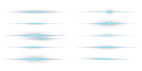 Horizontal turquoise neon streak effect isolated on transparent background. Optical lens flare effect. Blue line light glow with sparkle and flare shine. Laser beams png. Light Leak, flash lights.