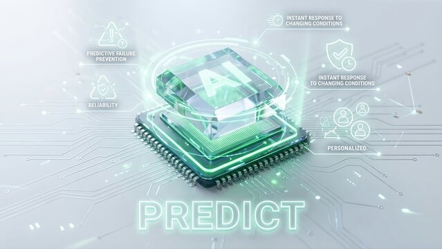 Green ai crystal on microchip predicting failures for preventive maintenance. Instant response and reliability in digital technology. Boosting limits for modern connections and 5g networks in future