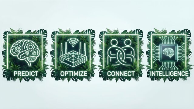 Green glowing artificial intelligence icons featuring brain for predict router for optimize connected figures for connect and circuit for intelligence. Modern AI functionalities visualization in neon