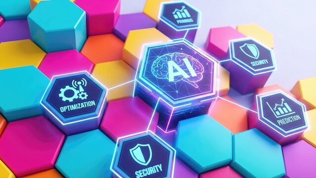 Central AI brain icon connected to hexagonal network of optimization gear security shield prediction graph and productivity chart. Artificial intelligence technology for data analysis and modern - Powered by Adobe