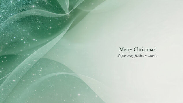 An elegant "Merry Christmas" greeting background with a shimmering green gradient, sparkling particles, and soft wavy lines. Wishing everyone festive moments.