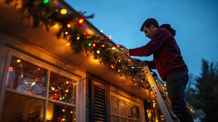 Naklejka premium Man decorating house exterior with colorful Christmas lights at dusk, standing on a ladder and hanging festive holiday garland along the roofline of a warmly illuminated suburban home.