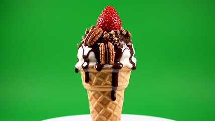 Delicious Vanilla Ice Cream Cone with Chocolate Drizzle and Fresh Strawberry Topping on a Vibrant Green Background A Tempting Dessert Treat. - Powered by Adobe