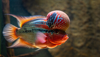 A vibrant Flowerhorn cichlid fish with a prominent nuchal hump.