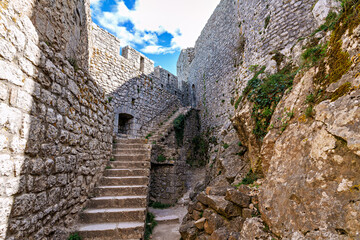 The Cathar medieval castle of Peyrepertuse in the Aude department, southern France situated in the French Pyrenees