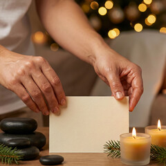A person gently places a blank card on a spa-like table decorated with candles, stones, greenery, and warm festive lights in the background