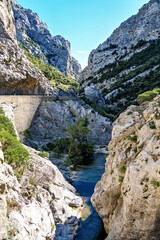 Driving through the amazing Gorges de Galamus, Aude, Eastern Pyrenees, Languedoc Roussillon, France.