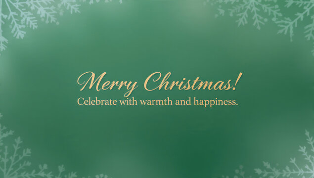 A festive green Christmas greeting card featuring golden 'Merry Christmas!' text, a message of warmth and happiness, and delicate snowflake borders.