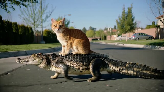Un gato naranja se sienta con calma sobre el lomo de un cocodrilo en una calle residencial.