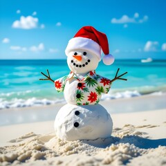 snowman on the beach wearing a santa hat and tropical shirt
