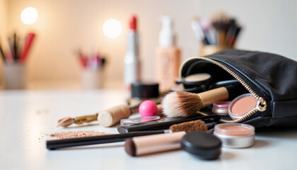 Makeup essentials and cosmetic products scattered, including brushes, lipsticks, and eyeshadows in black bag on table.