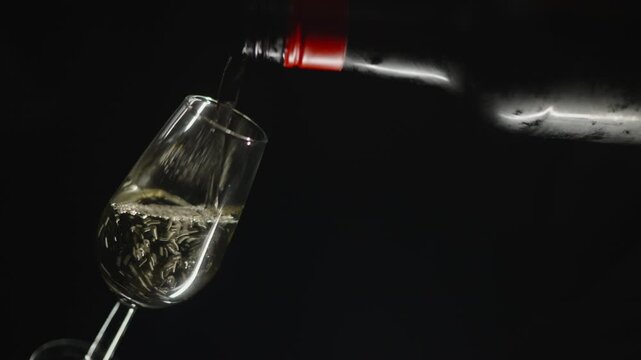 Filling a glass of manzanilla wine from a bottle against a black background