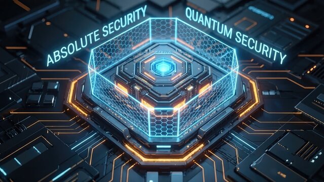 Futuristic quantum security core with glowing blue energy and hexagonal grid. Absolute data protection concept for modern 5G networks and digital connectivity. Advanced cybersecurity visualization