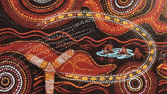 Indigenous dot painting art style abstract circular pattern with natural elements