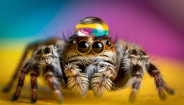 Adorable jumping spider wearing a tiny colorful water droplet as a hat.