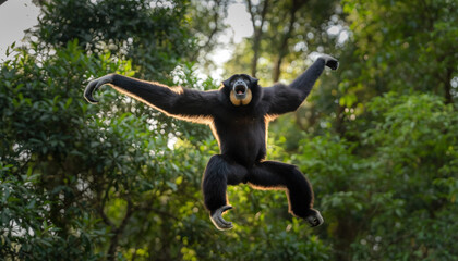 Agile black gibbon ape jumping through the air with arms outstretched.