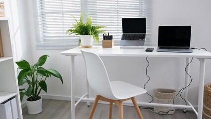 Modern Minimalist Home Office Setup with Greenery and Technology