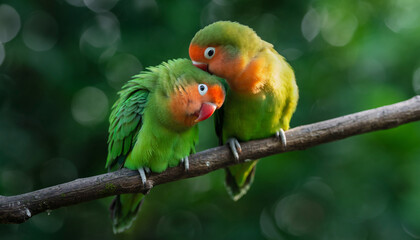 An adorable pair of green lovebirds perched together on a tree branch.