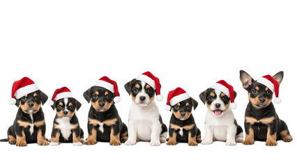 A row of six adorable puppies wearing santa hats sitting against a black background for christmas holiday