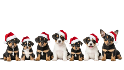A row of six adorable puppies wearing santa hats sitting against a black background for christmas holiday