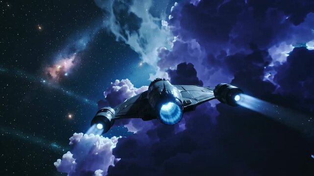 Approaching vessel navigates vibrant celestial and gaseous environment