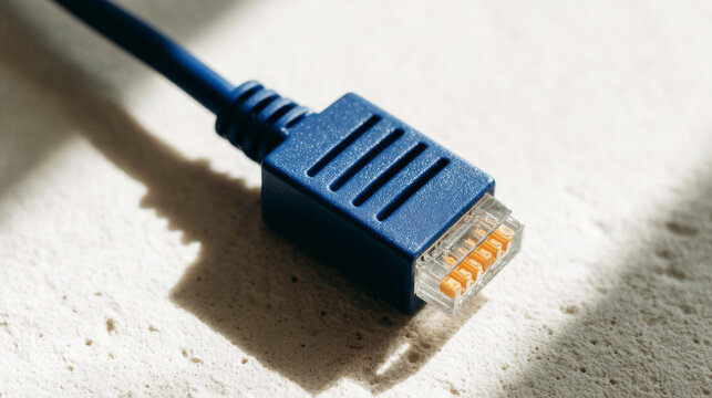 Blue RJ45 Ethernet cable connector closeup on textured surface, highlighting network communication, internet, and data connection