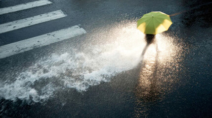 Fototapeta premium Person walking across a zebra crossing in heavy rain, holding a neon yellow umbrella, water splashing dramatically from a puddle