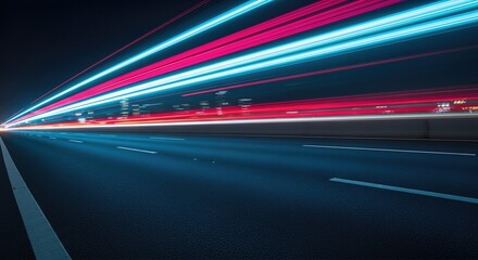 Night highway blurred by pink and blue light trails from fast moving vehicles. Symbolizing high speed 5g connectivity in modern urban networks. Digital data flow and communication concept for new