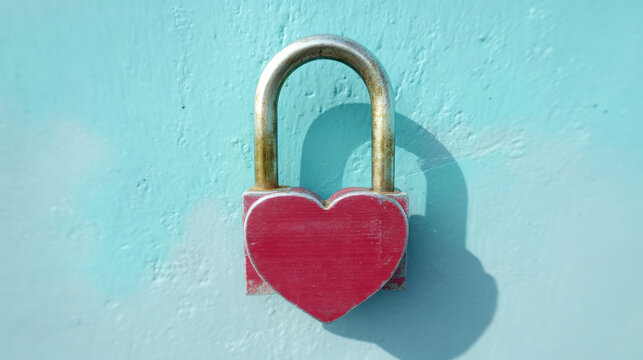 Heart shaped padlock on textured blue wall symbolizing love, commitment and guarded emotions, vintage security and romance concept