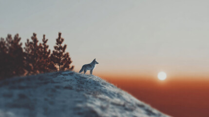 Solitary wolf stands confidently atop a snowy mountain peak, gazing at the sun as it ascends over the icy landscape. Reflecting both independence and resilience