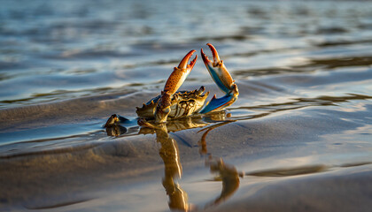 Colorful blue crab with raised claws emerging from the water.