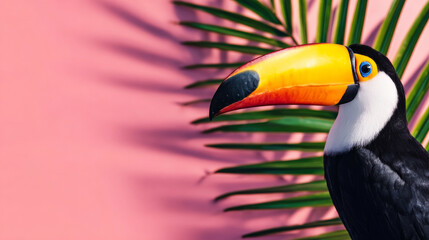 Obraz premium Toucan bird showcasing colorful beak, white chest. Palm tree leaf shadows falling on bright pink wall, creating a tropical summer vibe