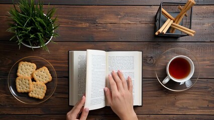 Cozy Reading Experience with Tea and Snacks on a Wooden Table