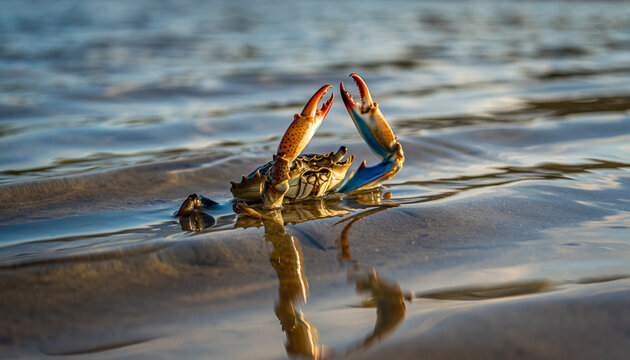 Colorful blue crab with raised claws emerging from the water.